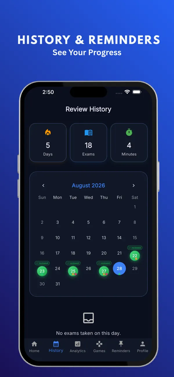 Review History Calendar Streaks and Study Reminders